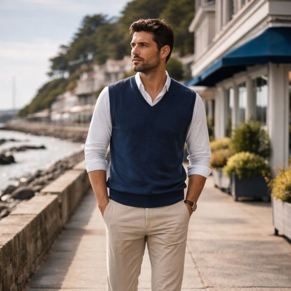 Jos A Bank Merino Wool 2XLT Traveler Preppy Sweater Vest Mens Navy V Neck Tall